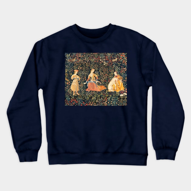 LADIES AND UNICORN AMONG FLOWERS, FOREST ANIMALS FLEMISH FLORAL Crewneck Sweatshirt by BulganLumini